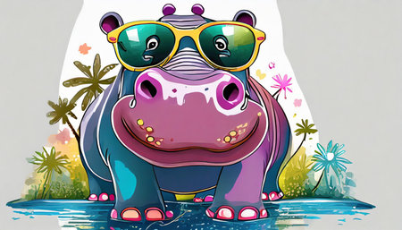 cartoon colorful hippopotamus with sunglasses on white background created with generative aiの素材
