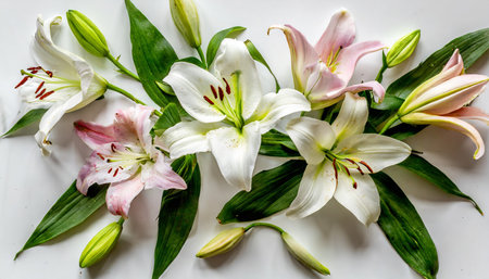 beautiful lilies on white background top viewの素材