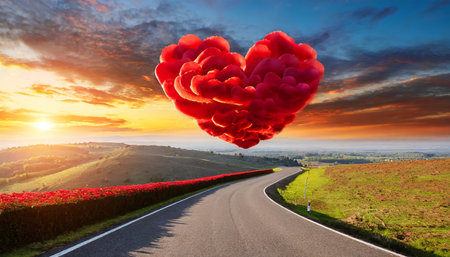 red heart shaped clouds at sunset beautiful landscape with road love background with copy space road to loveの素材