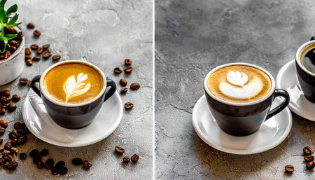 set with cups of hot aromatic espresso coffee on background banner designの素材