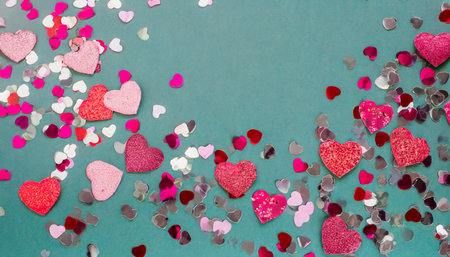 background with glitter heart confetti valentine day concept trendy minimalistic flat lay design backgroundの素材