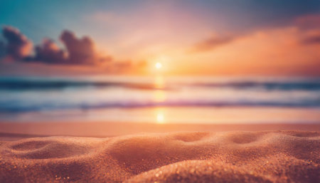 copy space of soft sand sea and blur tropical beach with sunset sky and cloud abstract backgroundの素材