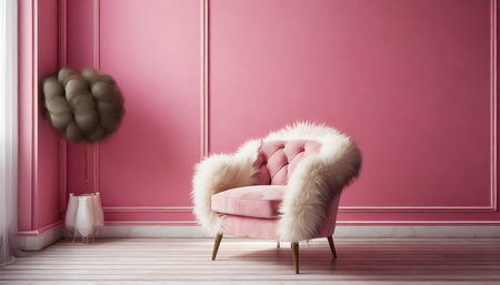 interior simple classic pink room with fur fluffy chair empty place background generative aiの素材
