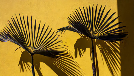 two palm fronds casting shadows on a yellow wallの素材