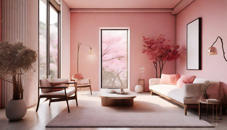japanese modern living room in light pink tones modern minimalist interior background with contemporary design modern interior design 3d render generative aiの素材