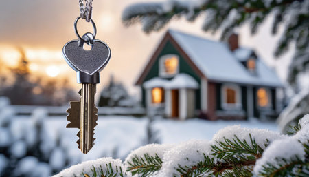 key with house shaped keychain modern country private house with winter snowy garden on the background real estate moving home or renting property conceptの素材