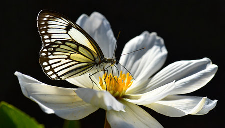 closeup of a white flower with a butterfly on a black backgroundの素材