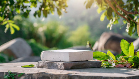 natural stone and concrete podium in natural background show for packaging product presentation generative aiの素材
