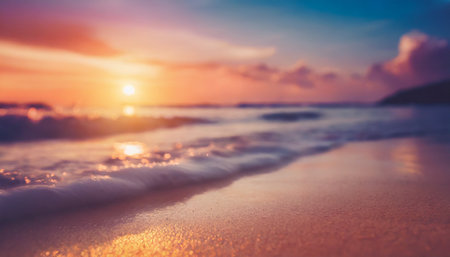 copy space of soft sand sea and blur tropical beach with sunset sky and cloud abstract backgroundの素材