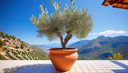olive tree in terra cotta clay pot on white terrace under clear blue sky with beautiful mountains view summer vacation conceptual background created with generative aiの素材