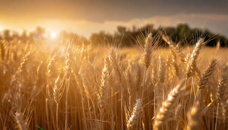 gold wheat field beautiful nature sunset landscape background of ripening ears of meadow wheat fieldの素材