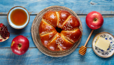 jewish holidays rosh hashanah or rosh hashana pomegranate apples honey and round challah on old wooden blue table background jewish autumn celebration shana tova yom kippur concept top viewの素材