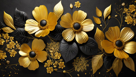 beautiful golden flowers with black leaves on a dark black background creative mystery concept elegant love and passion floral idea 3d illustrationの素材