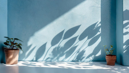 minimalistic soft light blue background with light shadows from plants on the wall generative aiの素材