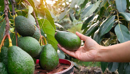 close up cropped hand picking avocado fruitの素材