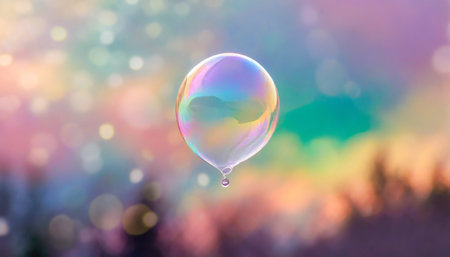 iridescent balloon bubble on pastel background with gradient a vibrant and whimsical bubble of joy radiates in the sky its radiant rainbow background captivating the viewer with its dazzling colorsの素材