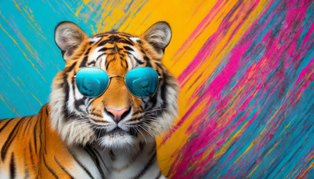 funny tiger wearing sunglasses in studio with a colorful and bright background generative aiの素材