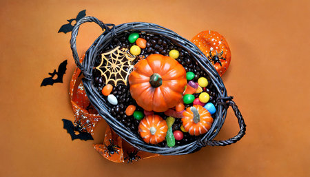 festive trick or treat tradition for kids overhead shot displaying a pumpkin basket with candies and halloween decorations on an orange background suitable for text or ad placementの素材