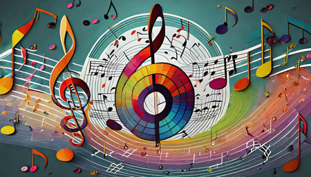 colorful music notes background with sheet music disc and treble clef illustration ai generativeの素材