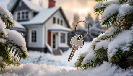 key with house shaped keychain modern country private house with winter snowy garden on the background real estate moving home or renting property conceptの素材