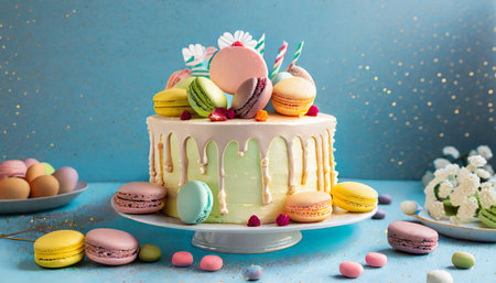 festive birthday colorful cake decorated with sweets macarons on a blue backgroundの素材