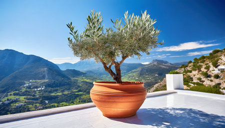olive tree in terra cotta clay pot on white terrace under clear blue sky with beautiful mountains view summer vacation conceptual background created with generative aiの素材
