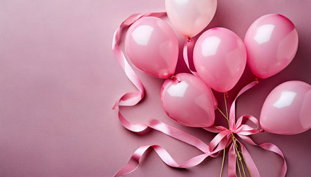 pink balloons with ribbon on a pink backgroundの素材