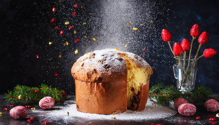easter bread christmas panettone glass sugar falls dusted on the panettone on a dark backgroundの素材