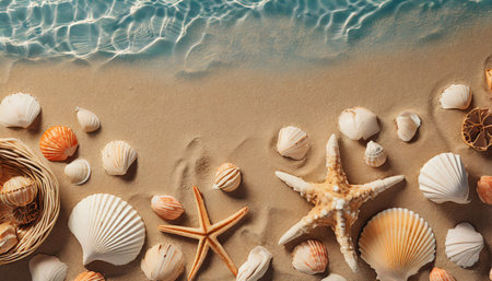 top view of a sandy beach with exotic seashells and starfish as natural textured background for aesthetic summer designの素材