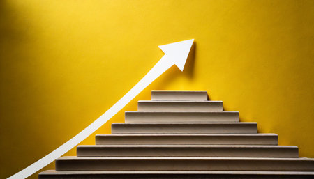 rising arrow on staircase on yellow background growth increasing business success process conceptの素材