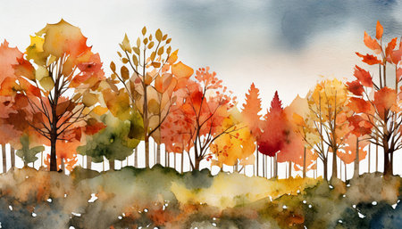 autumn trees watercolor horizontal banner on backgroundの素材