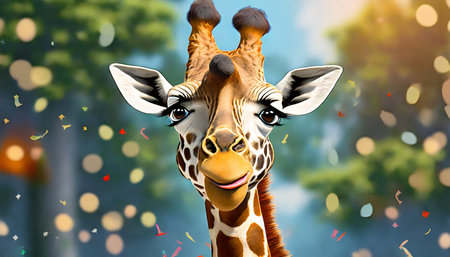 funny giraffe party animal making a silly faceの素材