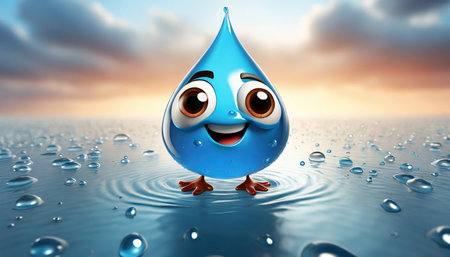 3d water drop funny cartoon character with eyes on white background generative ai illustrationの素材