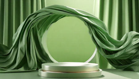 3d display podium green background with round frame pedestal and flying silk cloth curtain nature wind beauty cosmetic product presentation stand luxury feminine template 3d render advertisementの素材