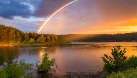 beautiful evening sunset with rainbowの素材