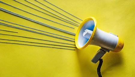 yellow megaphone or bullhorn with lines over yellow background business announcement or communication conceptの素材