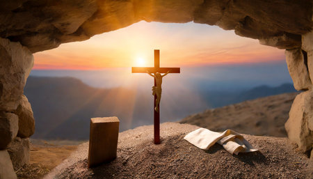 crucifixion at sunrise empty tomb with shroud resurrection of jesus christの素材
