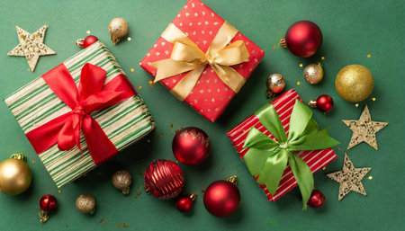 christmas presents concept top view photo of gift boxes with ribbon bows red green gold baubles and star ornaments on green backgroundの素材