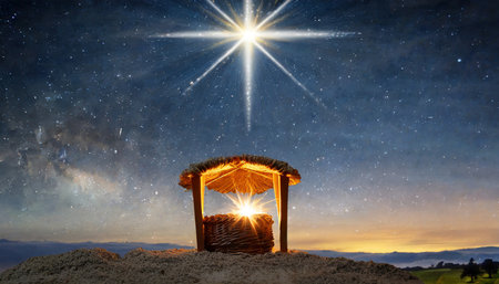 the star shines over the manger of christmas of jesus christ concept generative aiの素材