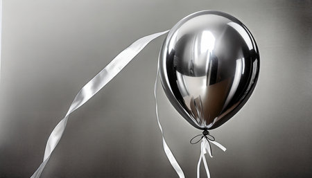 chrome silver metallic balloon with ribbon on white backgroundの素材