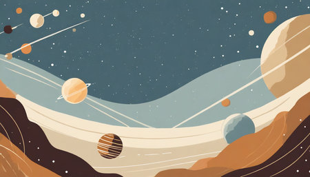 outer space background with planets illustration with retro styleの素材