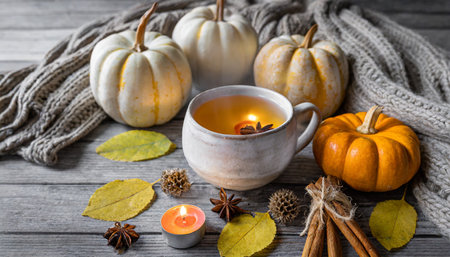 cozy autumn composition with aromatic candle pumpkins wool sweater leaves cinnamon aromatherapy on a grey fall morning home atmosphere of cosiness and relax wooden background close upの素材
