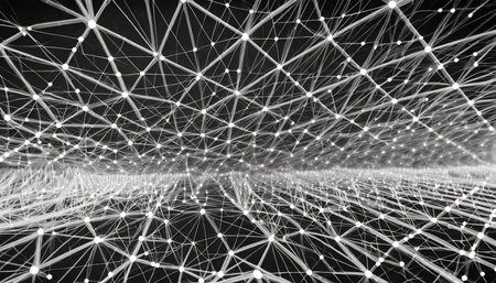white abstract background grid of interlacing lines and dots on a dark background structure of network connections 3d renderingの素材