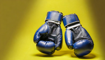 pair of boxing gloves on yellow background with space for textの素材