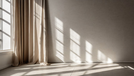 neutral modern empty room with sunlight shadow white blank wall background beige linen curtain and stone floor or tabletop aesthetic minimalist interior design templateの素材