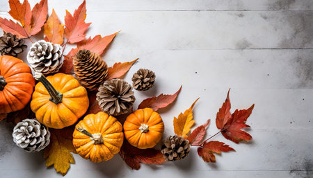 rustic fall background of autumn leaves pine cones and mini pumpkins with free copy space for text over a white rustic background image shot from overheadの素材