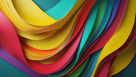3d render abstract background with fluttering colorful ribbons fashion background with waving textile layersの素材