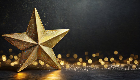 golden christmas star on bokeh black background xmas card with gold star shining discretely on a dark wall setting seasonal greetings invitation festivity luxuryの素材