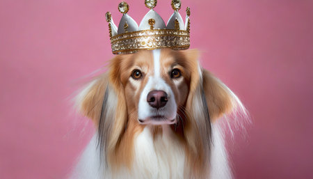 portrait of dog wearing crown tiara and long hair wig on pink background made with generative aiの素材