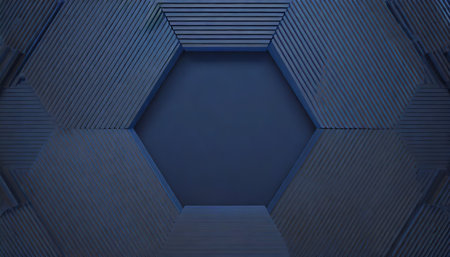 hexagonal dark blue navy background texture placeholder radial center space 3d illustration 3d rendering backdropの素材